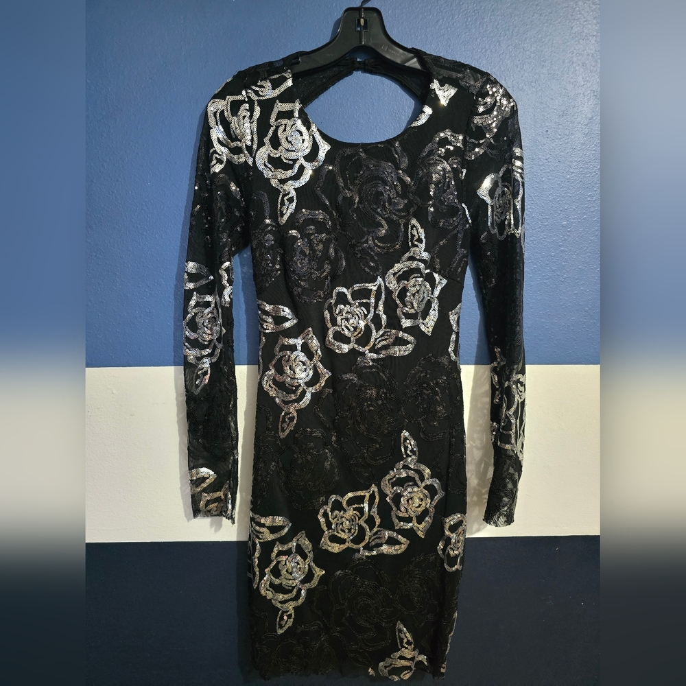 BLACK & SILVER ROSE SEQUENCE SHEER SLEEVE PARTY DRESS